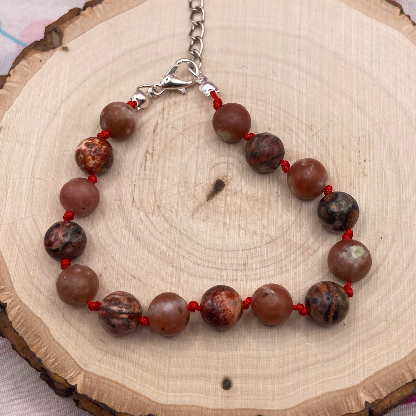 Leopardskin Jasper & Plum Jade Knotted Cord Bracelet