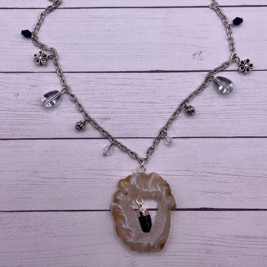 White Agate Geode & Tourmaline Necklace