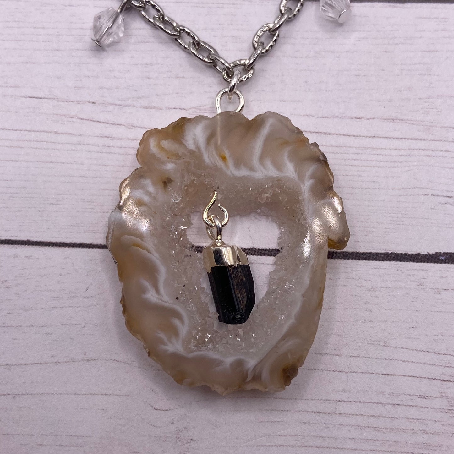 White Agate Geode & Tourmaline Necklace